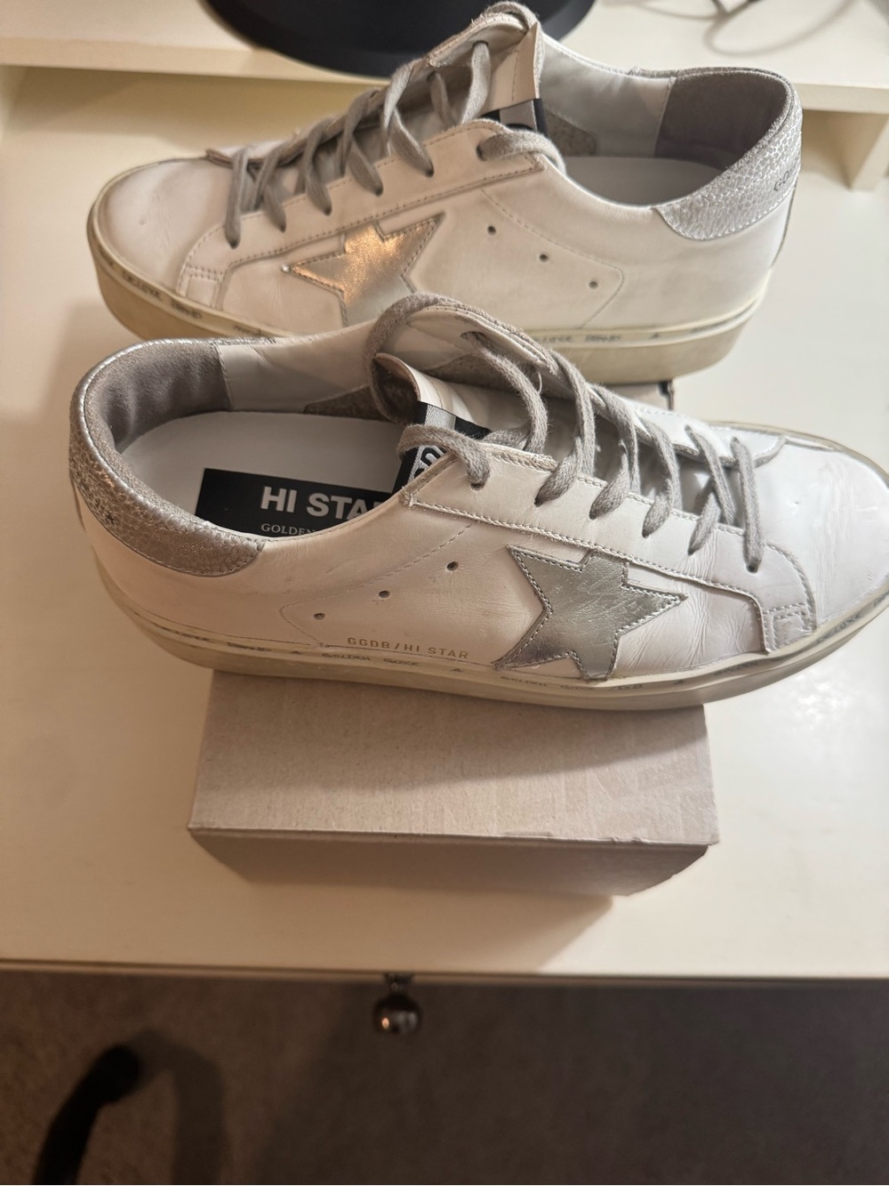 Golden Goose White Leather Sneakers with Silver Star Detail